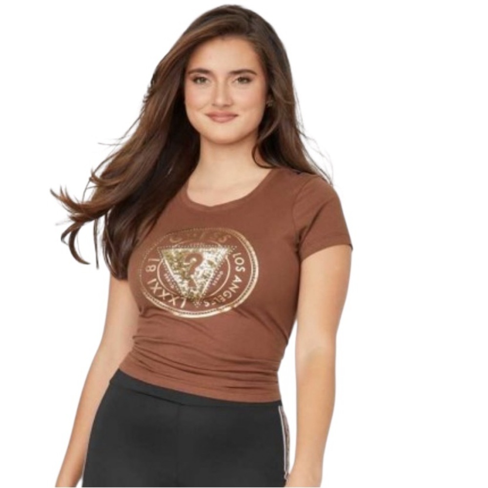 Guess Brown‎ and Cream Fitted Graphic T-Shirt
